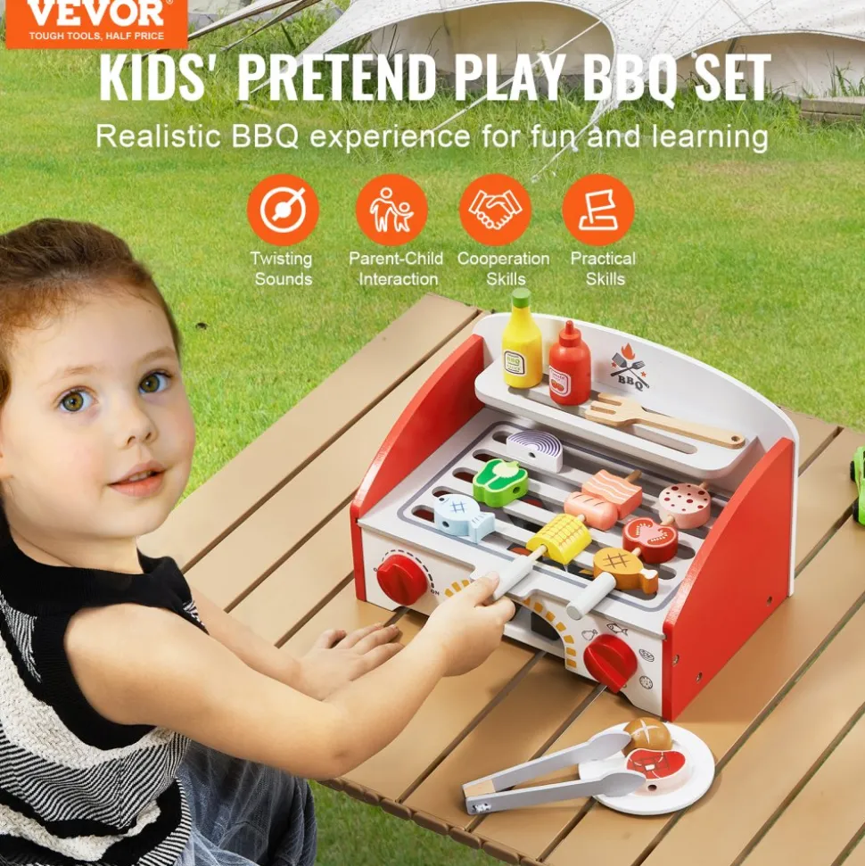 VEVOR Kids BBQ Grill Playset, Wooden Grill Playset With Realistic Carbon Fire, Wooden Play Food Kitchen Accessory (26 PCS), Indoor/Outdoor Interactive Pretend Play Toys for Boys Girls Ages 3+ Gift
