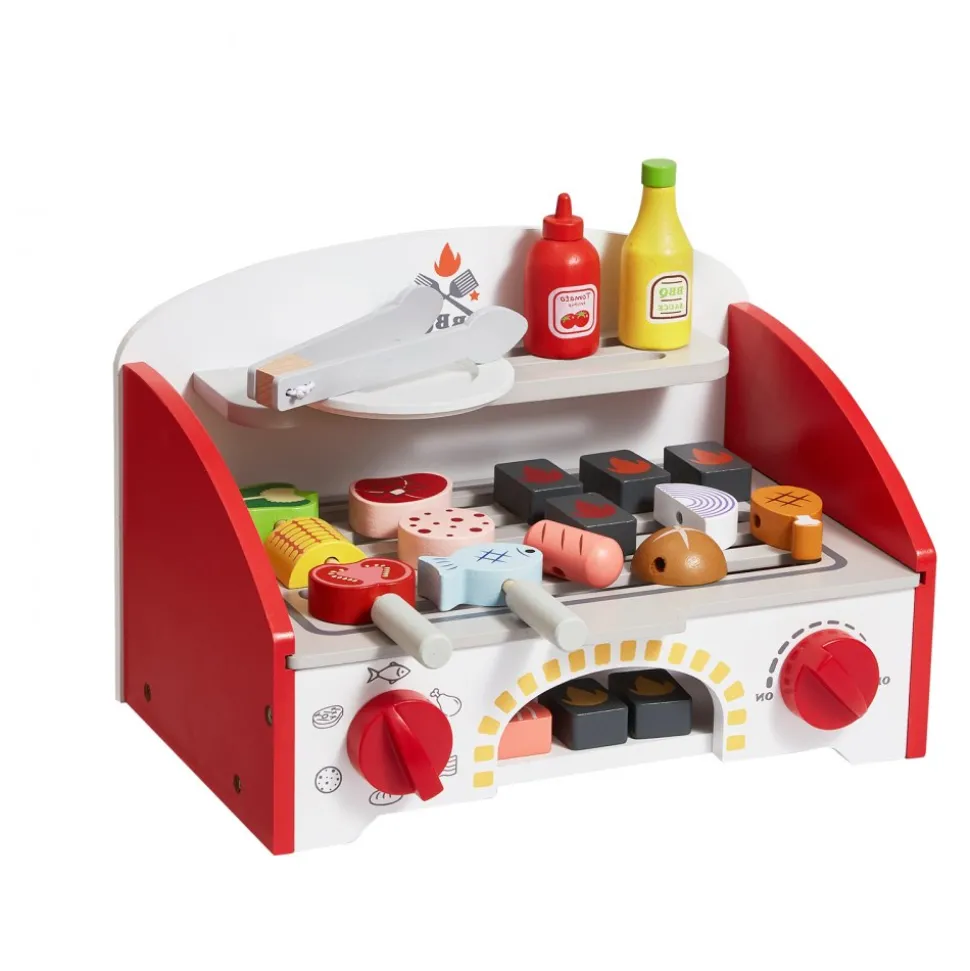 VEVOR Kids BBQ Grill Playset, Wooden Grill Playset With Realistic Carbon Fire, Wooden Play Food Kitchen Accessory (26 PCS), Indoor/Outdoor Interactive Pretend Play Toys for Boys Girls Ages 3+ Gift