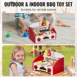 VEVOR Kids BBQ Grill Playset, Wooden Grill Playset With Realistic Carbon Fire, Wooden Play Food Kitchen Accessory (26 PCS), Indoor/Outdoor Interactive Pretend Play Toys for Boys Girls Ages 3+ Gift