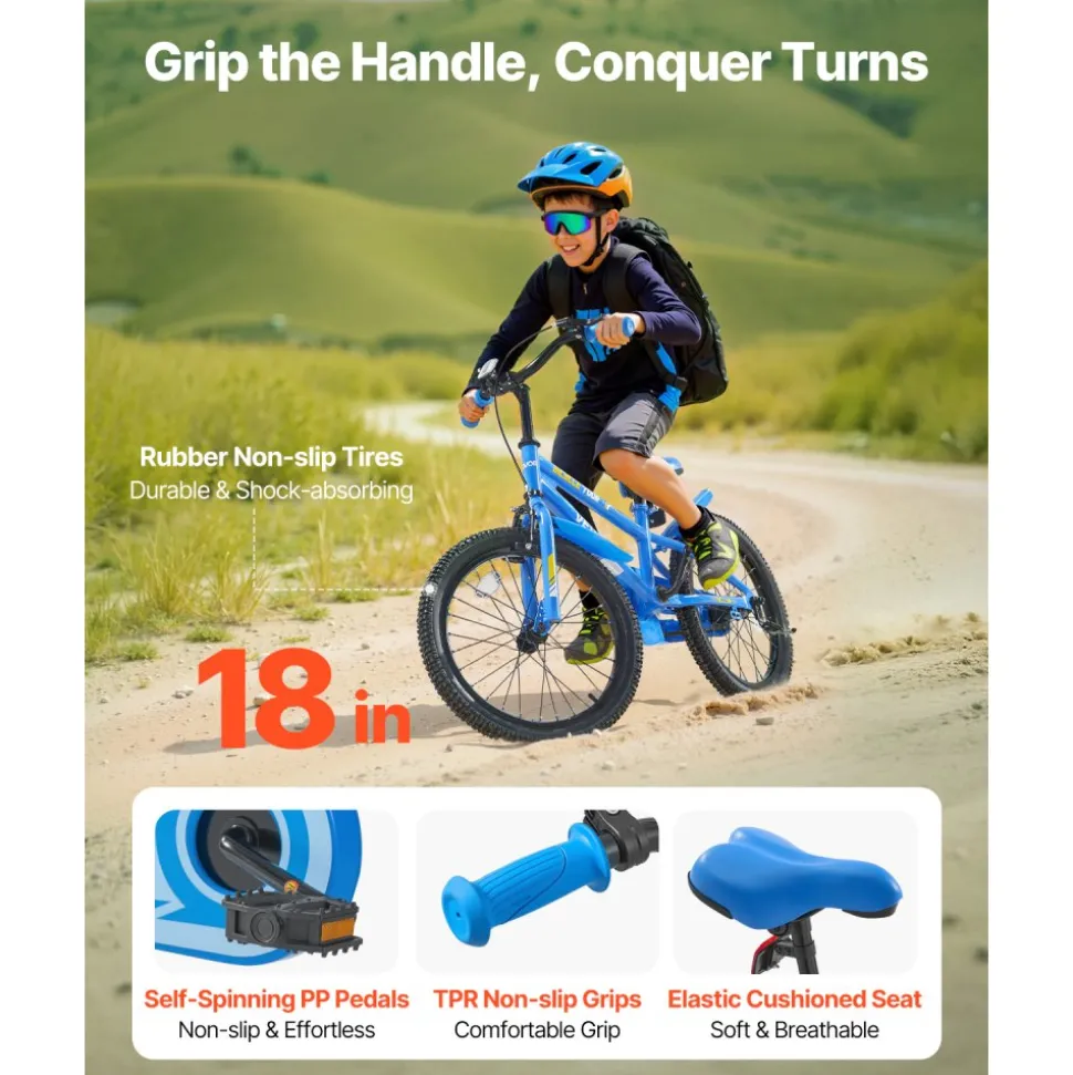 VEVOR Kids Bike, 18 Inches BMX Style Children Bicycle, Rider Height 3.61 ft - 4.59 ft, Training Wheels Included, Sturdy and Easy to Assemble, Toddler Bike for Boys & Girls Learning to Ride, Blue