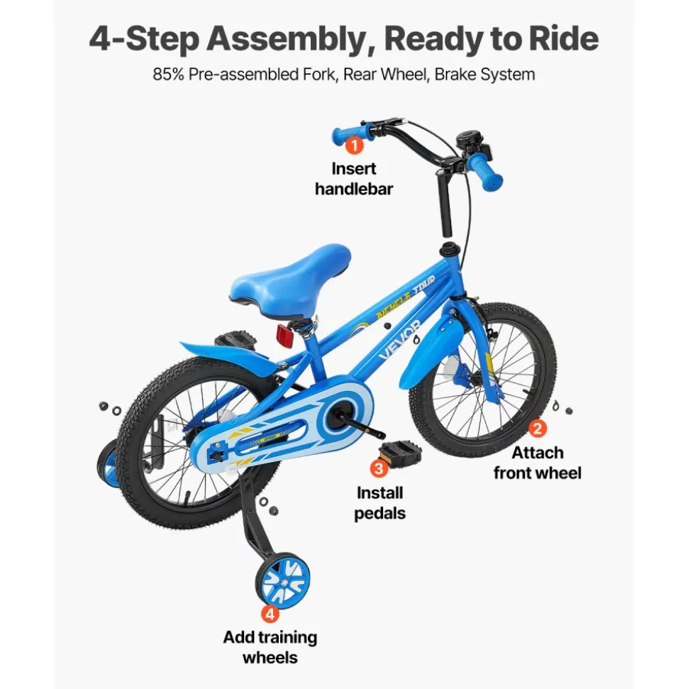 VEVOR Kids Bike, 18 Inches BMX Style Children Bicycle, Rider Height 3.61 ft - 4.59 ft, Training Wheels Included, Sturdy and Easy to Assemble, Toddler Bike for Boys & Girls Learning to Ride, Blue