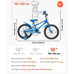 VEVOR Kids Bike, 18 Inches BMX Style Children Bicycle, Rider Height 3.61 ft - 4.59 ft, Training Wheels Included, Sturdy and Easy to Assemble, Toddler Bike for Boys & Girls Learning to Ride, Blue