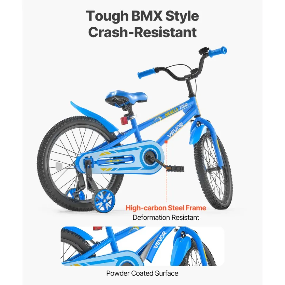 VEVOR Kids Bike, 18 Inches BMX Style Children Bicycle, Rider Height 3.61 ft - 4.59 ft, Training Wheels Included, Sturdy and Easy to Assemble, Toddler Bike for Boys & Girls Learning to Ride, Blue