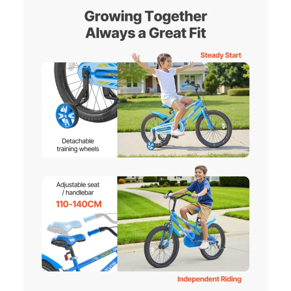 VEVOR Kids Bike, 18 Inches BMX Style Children Bicycle, Rider Height 3.61 ft - 4.59 ft, Training Wheels Included, Sturdy and Easy to Assemble, Toddler Bike for Boys & Girls Learning to Ride, Blue