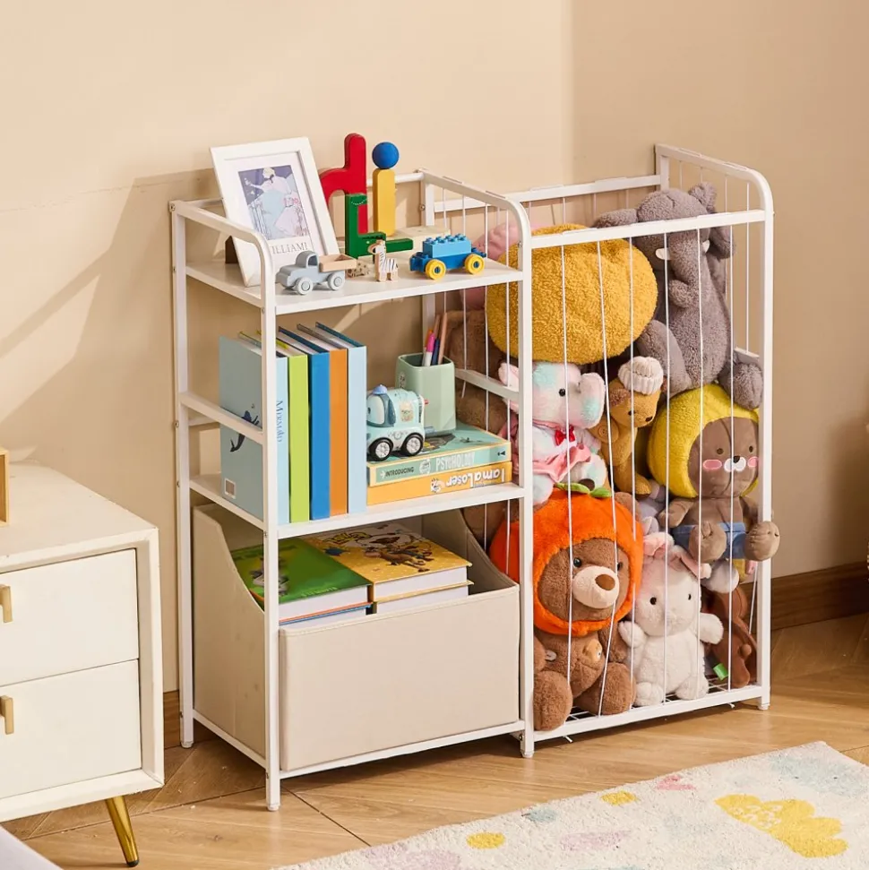 VEVOR Kids Bookshelf and Stuffed Animal Storage, Toy Storage Organizer, 2-Tier Book Shelf with Fabric Toy Chest, Toy Storage for Kids Room, Living Room, Entryway, Nursury, Preschool, White
