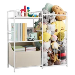 VEVOR Kids Bookshelf and Stuffed Animal Storage, Toy Storage Organizer, 2-Tier Book Shelf with Fabric Toy Chest, Toy Storage for Kids Room, Living Room, Entryway, Nursury, Preschool, White