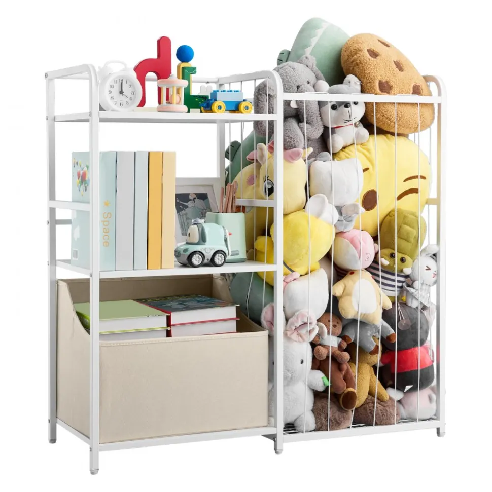 VEVOR Kids Bookshelf and Stuffed Animal Storage, Toy Storage Organizer, 2-Tier Book Shelf with Fabric Toy Chest, Toy Storage for Kids Room, Living Room, Entryway, Nursury, Preschool, White