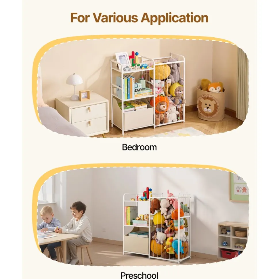 VEVOR Kids Bookshelf and Stuffed Animal Storage, Toy Storage Organizer, 2-Tier Book Shelf with Fabric Toy Chest, Toy Storage for Kids Room, Living Room, Entryway, Nursury, Preschool, White
