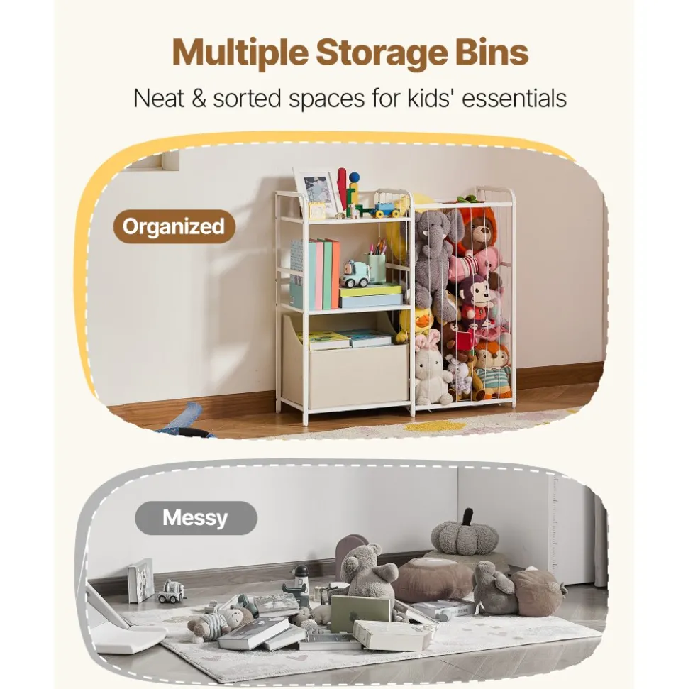 VEVOR Kids Bookshelf and Stuffed Animal Storage, Toy Storage Organizer, 2-Tier Book Shelf with Fabric Toy Chest, Toy Storage for Kids Room, Living Room, Entryway, Nursury, Preschool, White