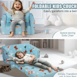 VEVOR Kids Couch, 2-in-1 Toddler Chairs Comfy, Toddler Couch Sofa Bed Fold Out, Convertible Sofa to Lounger, Kids Chair Seat Playroom Furniture for Kids Girls & Boys, Sky Blue