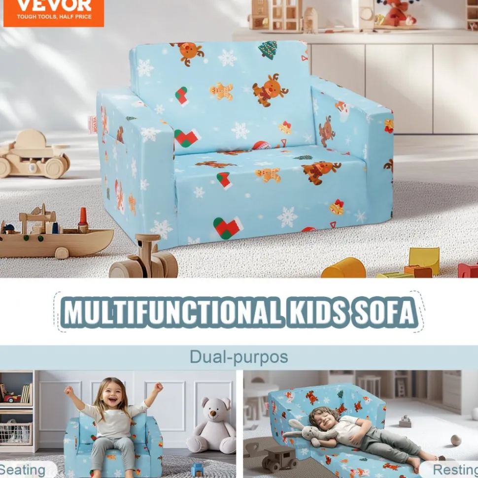 VEVOR Kids Couch, 2-in-1 Toddler Chairs Comfy, Toddler Couch Sofa Bed Fold Out, Convertible Sofa to Lounger, Kids Chair Seat Playroom Furniture for Kids Girls & Boys, Sky Blue