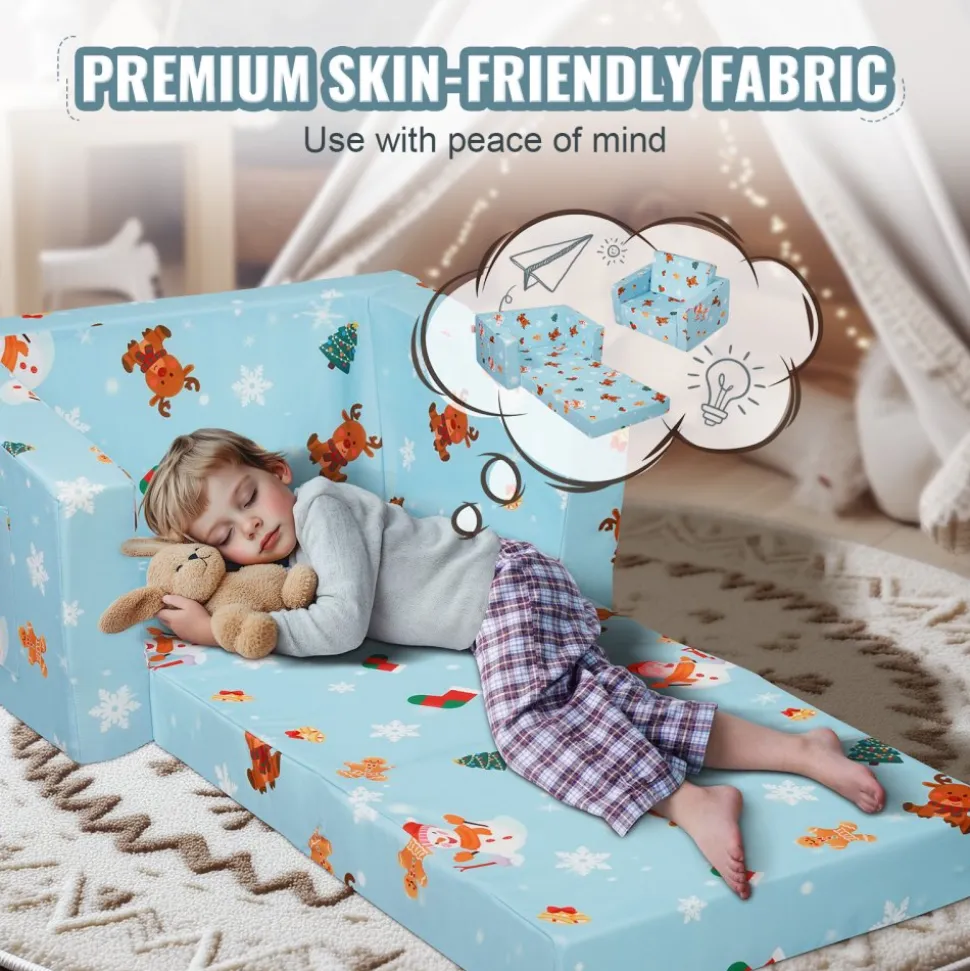 VEVOR Kids Couch, 2-in-1 Toddler Chairs Comfy, Toddler Couch Sofa Bed Fold Out, Convertible Sofa to Lounger, Kids Chair Seat Playroom Furniture for Kids Girls & Boys, Sky Blue