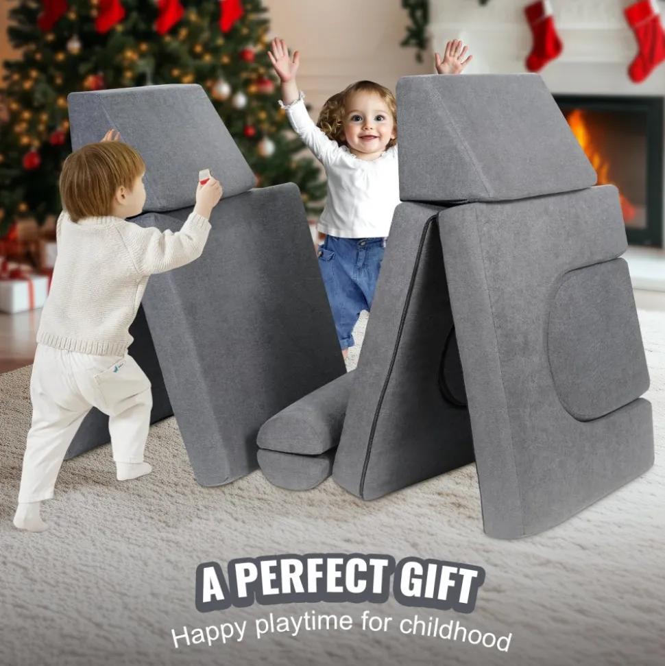 VEVOR Kids Couch, 10Pcs Modular Kids Play Couch, Toddler Couch Sofa Bed, Kids Chair Seat Playroom Furniture, Kids Sofa with Removable Cover for Kids Girls & Boys, Grey