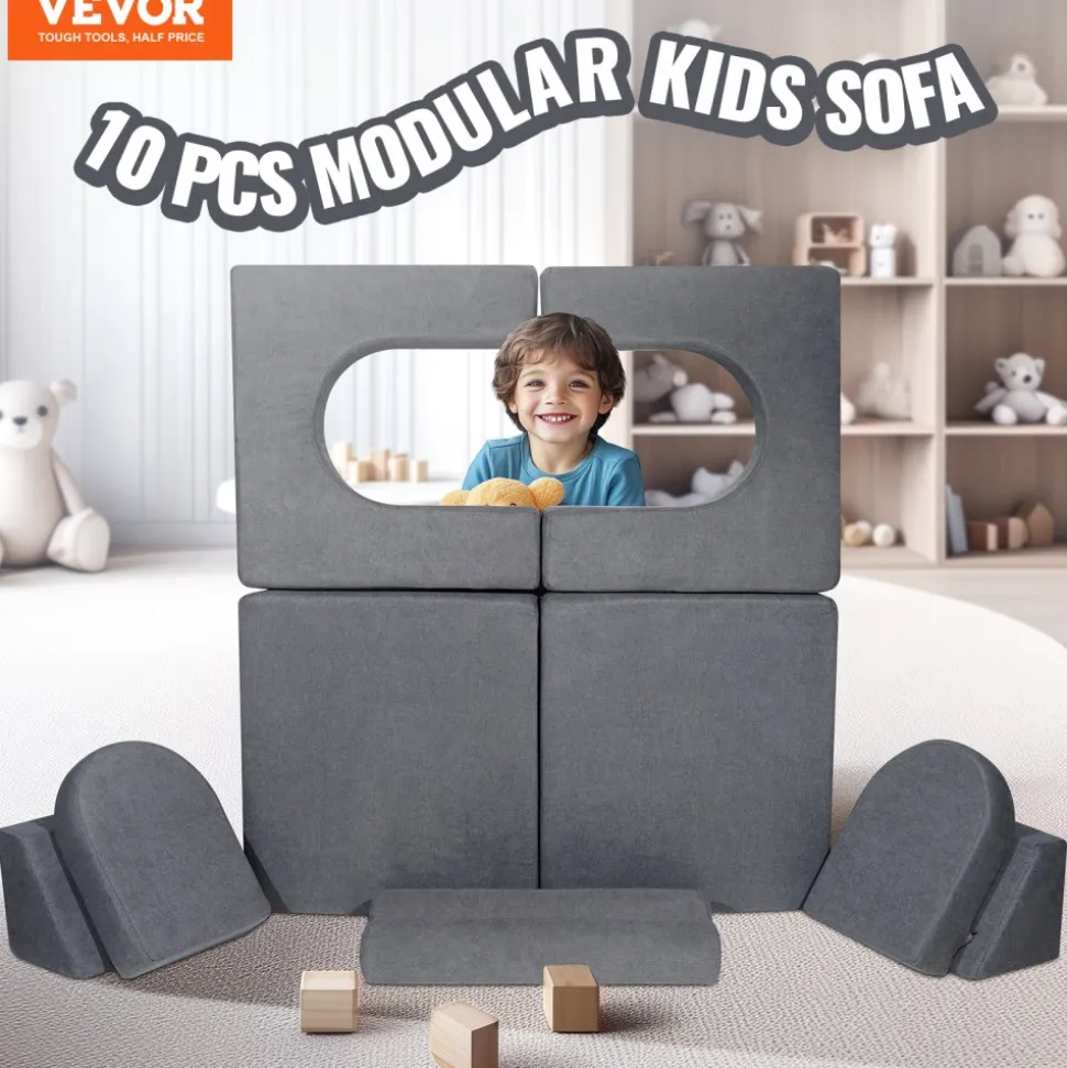 VEVOR Kids Couch, 10Pcs Modular Kids Play Couch, Toddler Couch Sofa Bed, Kids Chair Seat Playroom Furniture, Kids Sofa with Removable Cover for Kids Girls & Boys, Grey