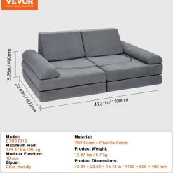 VEVOR Kids Couch, 10Pcs Modular Kids Play Couch, Toddler Couch Sofa Bed, Kids Chair Seat Playroom Furniture, Kids Sofa with Removable Cover for Kids Girls & Boys, Grey