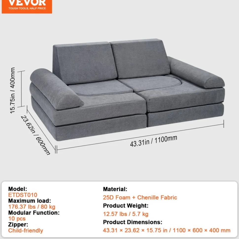 VEVOR Kids Couch, 10Pcs Modular Kids Play Couch, Toddler Couch Sofa Bed, Kids Chair Seat Playroom Furniture, Kids Sofa with Removable Cover for Kids Girls & Boys, Grey