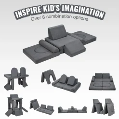 VEVOR Kids Couch, 10Pcs Modular Kids Play Couch, Toddler Couch Sofa Bed, Kids Chair Seat Playroom Furniture, Kids Sofa with Removable Cover for Kids Girls & Boys, Grey