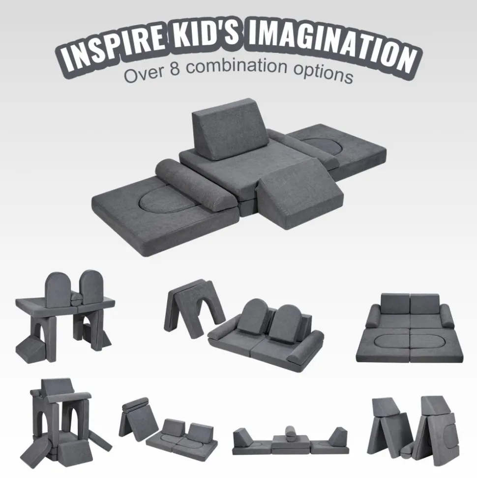VEVOR Kids Couch, 10Pcs Modular Kids Play Couch, Toddler Couch Sofa Bed, Kids Chair Seat Playroom Furniture, Kids Sofa with Removable Cover for Kids Girls & Boys, Grey