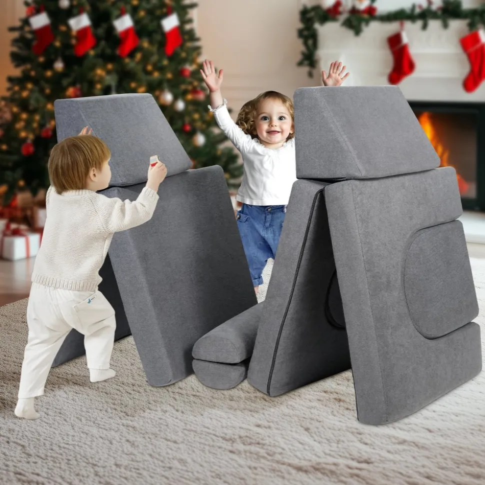 VEVOR Kids Couch, 10Pcs Modular Kids Play Couch, Toddler Couch Sofa Bed, Kids Chair Seat Playroom Furniture, Kids Sofa with Removable Cover for Kids Girls & Boys, Grey
