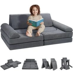VEVOR Kids Couch, 10Pcs Modular Kids Play Couch, Toddler Couch Sofa Bed, Kids Chair Seat Playroom Furniture, Kids Sofa with Removable Cover for Kids Girls & Boys, Grey