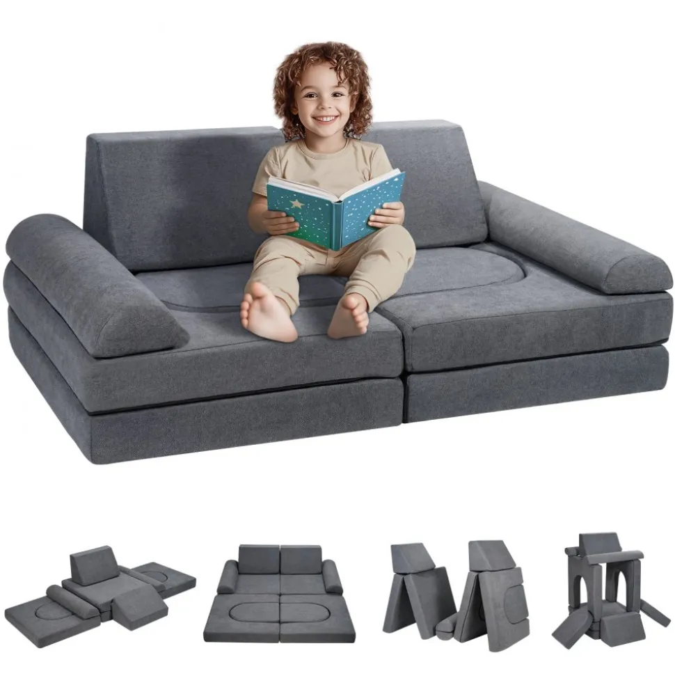 VEVOR Kids Couch, 10Pcs Modular Kids Play Couch, Toddler Couch Sofa Bed, Kids Chair Seat Playroom Furniture, Kids Sofa with Removable Cover for Kids Girls & Boys, Grey