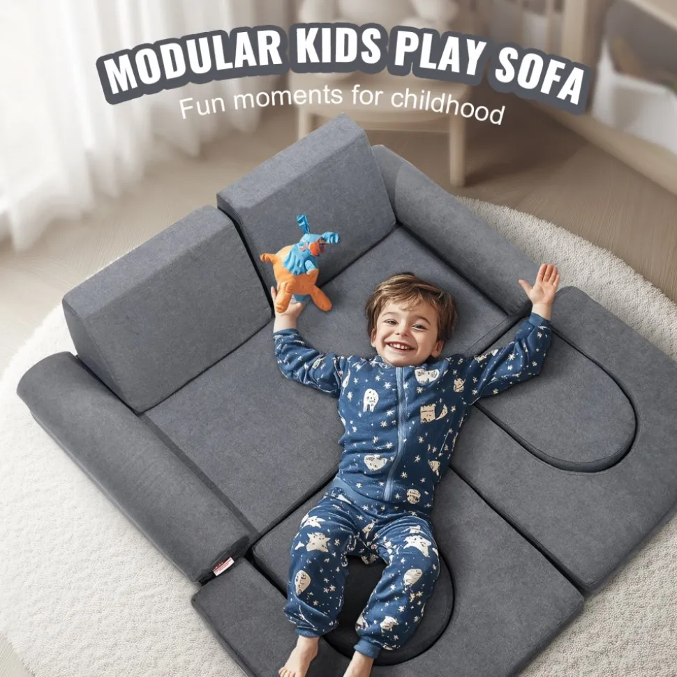 VEVOR Kids Couch, 10Pcs Modular Kids Play Couch, Toddler Couch Sofa Bed, Kids Chair Seat Playroom Furniture, Kids Sofa with Removable Cover for Kids Girls & Boys, Grey