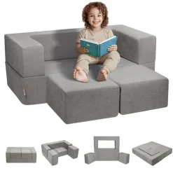 VEVOR Kids Couch, 4Pcs Modular Kids Play Couch, Toddler Couch Sofa Bed, Kids Chair Seat Playroom Furniture, Child Sectional Sofa with Removable Cover for Kids Girls & Boys, Grey