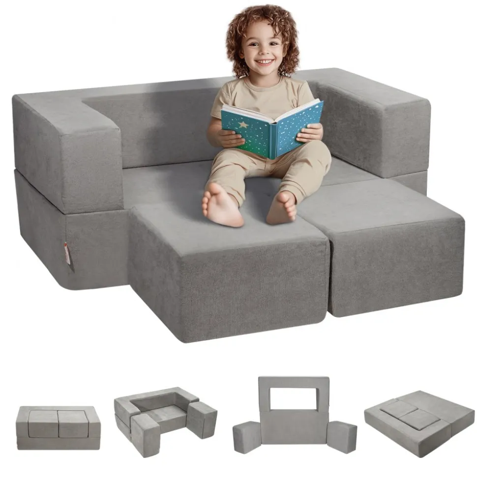 VEVOR Kids Couch, 4Pcs Modular Kids Play Couch, Toddler Couch Sofa Bed, Kids Chair Seat Playroom Furniture, Child Sectional Sofa with Removable Cover for Kids Girls & Boys, Grey