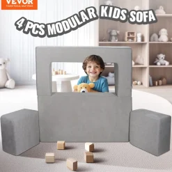 VEVOR Kids Couch, 4Pcs Modular Kids Play Couch, Toddler Couch Sofa Bed, Kids Chair Seat Playroom Furniture, Child Sectional Sofa with Removable Cover for Kids Girls & Boys, Grey