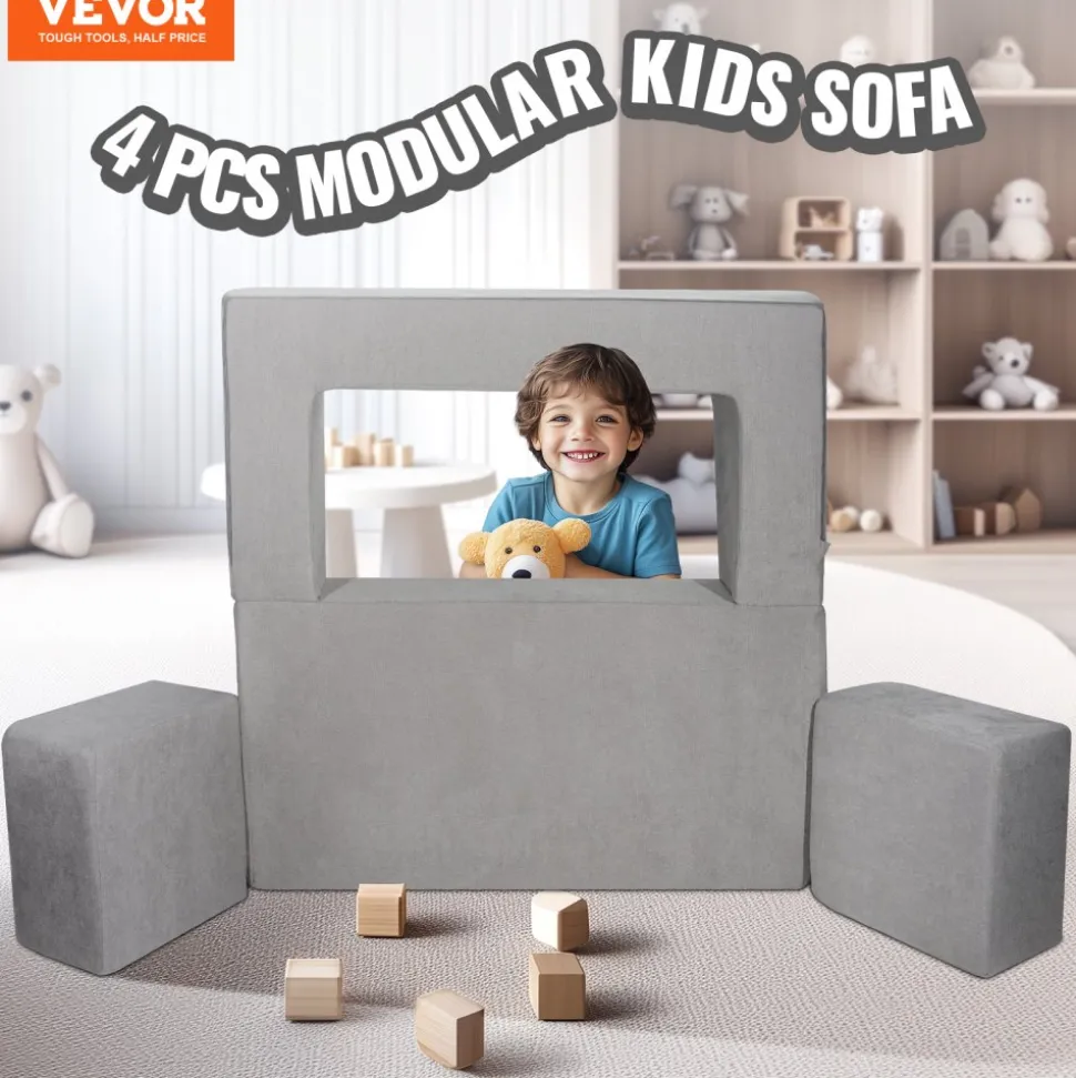 VEVOR Kids Couch, 4Pcs Modular Kids Play Couch, Toddler Couch Sofa Bed, Kids Chair Seat Playroom Furniture, Child Sectional Sofa with Removable Cover for Kids Girls & Boys, Grey