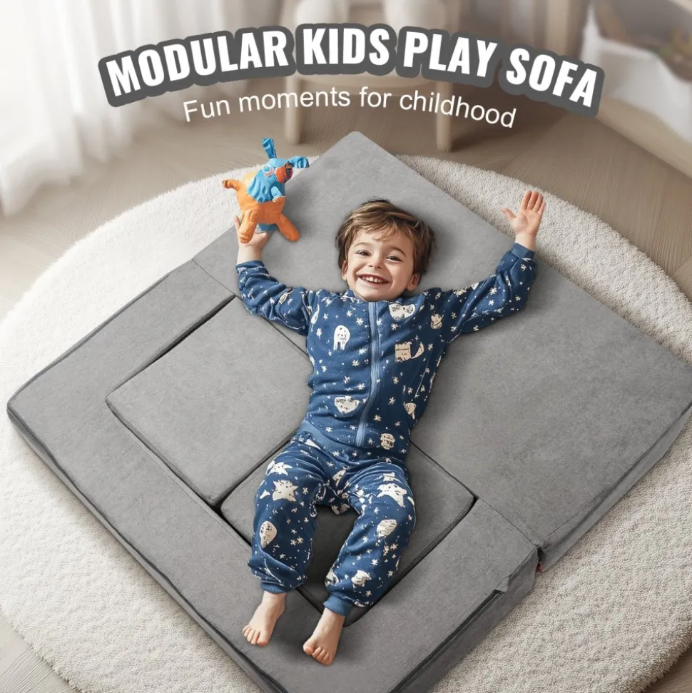 VEVOR Kids Couch, 4Pcs Modular Kids Play Couch, Toddler Couch Sofa Bed, Kids Chair Seat Playroom Furniture, Child Sectional Sofa with Removable Cover for Kids Girls & Boys, Grey