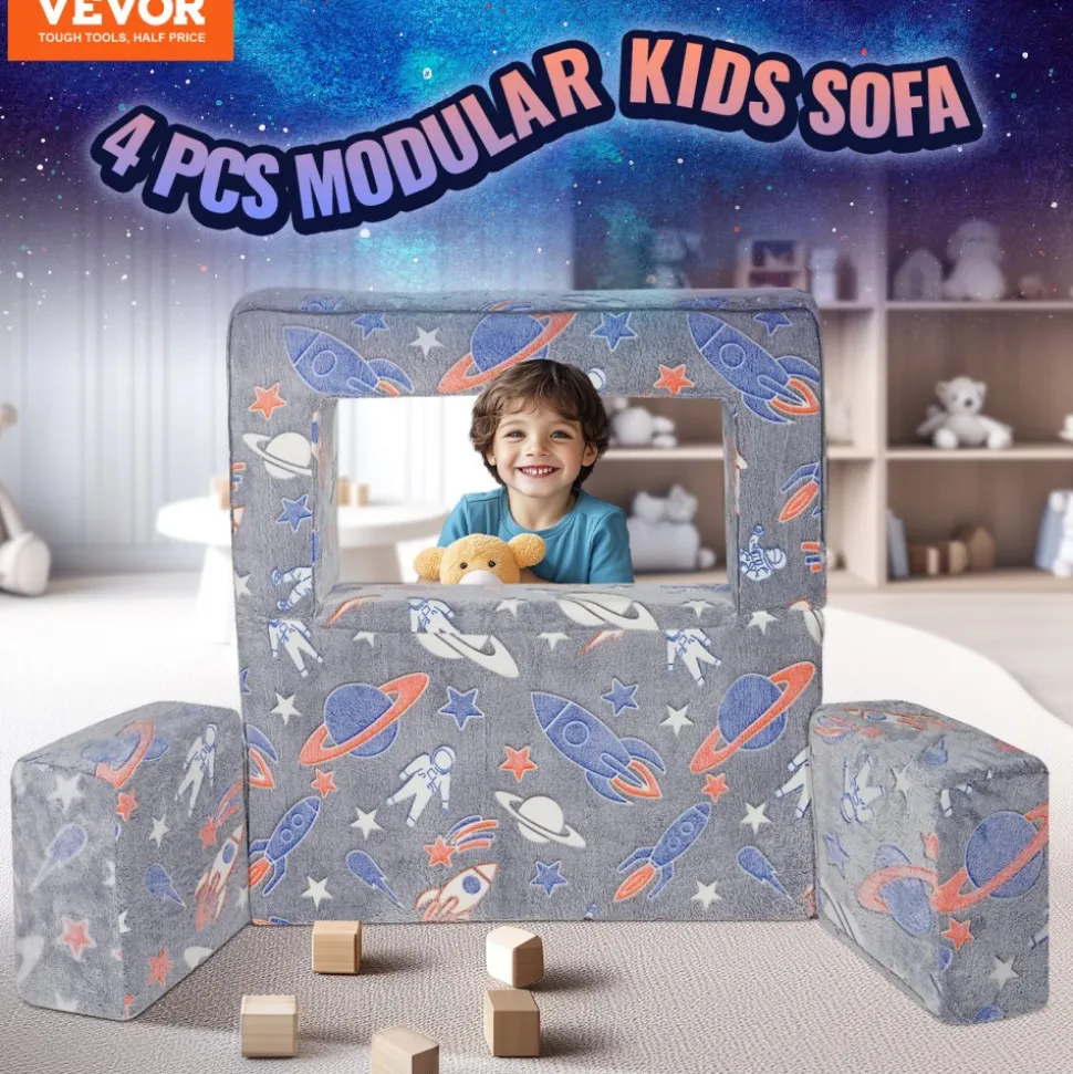 VEVOR Kids Couch, 4Pcs Toddler Couch Sofa Bed, Kids Chair Seat Playroom Furniture, Child Sectional Sofa with Removable Cover for Kids Girls & Boys, Dark Grey