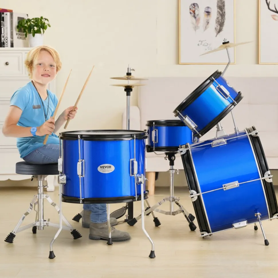 VEVOR Kids Drum Set, 5-Piece, 16 in Beginner Full Drum Set with Bass Toms Snare Floor Drum Adjustable Throne Cymbal Hi-Hat Pedal and Two Pairs of Drumsticks, Starter Drum Kit for Child Kids, Black