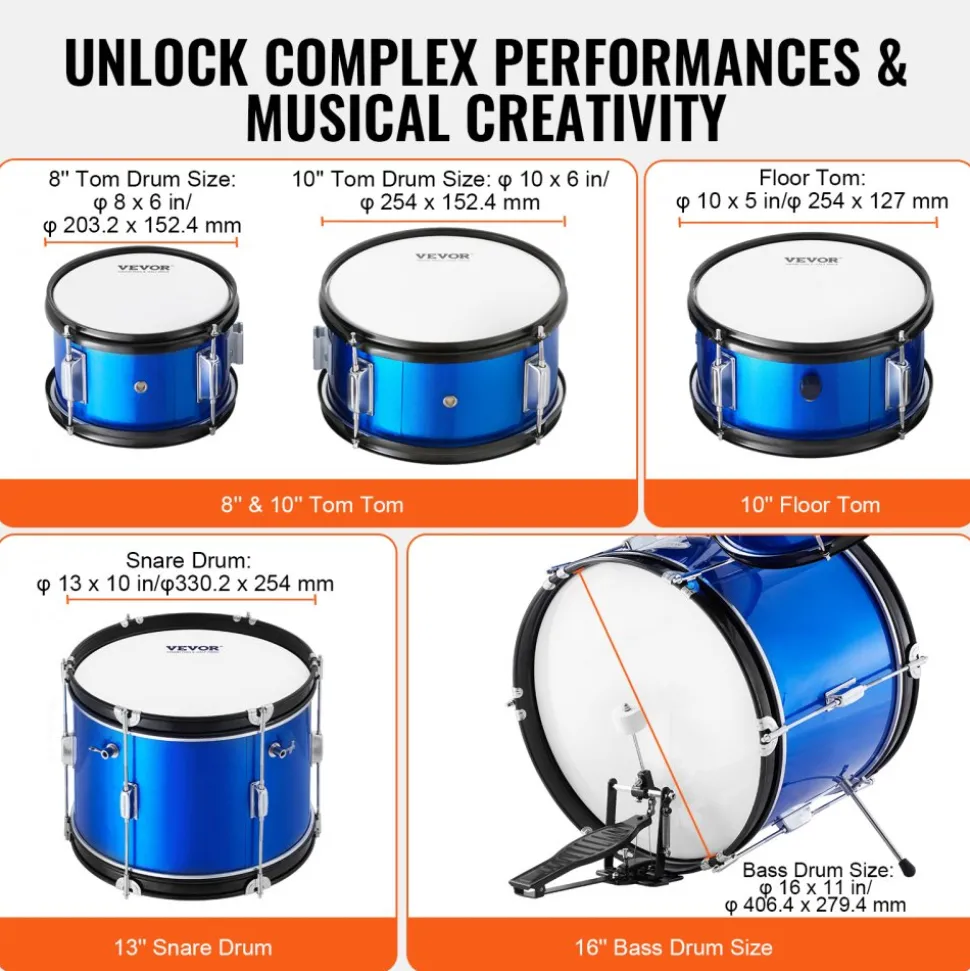 VEVOR Kids Drum Set, 5-Piece, 16 in Beginner Full Drum Set with Bass Toms Snare Floor Drum Adjustable Throne Cymbal Hi-Hat Pedal and Two Pairs of Drumsticks, Starter Drum Kit for Child Kids, Black