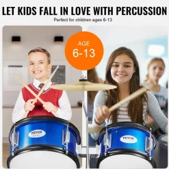 VEVOR Kids Drum Set, 5-Piece, 16 in Beginner Full Drum Set with Bass Toms Snare Floor Drum Adjustable Throne Cymbal Hi-Hat Pedal and Two Pairs of Drumsticks, Starter Drum Kit for Child Kids, Black