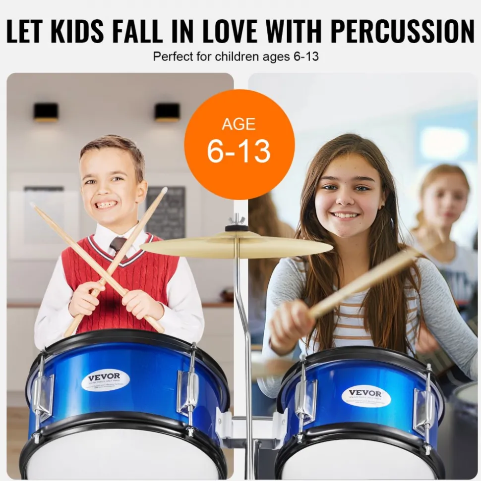 VEVOR Kids Drum Set, 5-Piece, 16 in Beginner Full Drum Set with Bass Toms Snare Floor Drum Adjustable Throne Cymbal Hi-Hat Pedal and Two Pairs of Drumsticks, Starter Drum Kit for Child Kids, Black