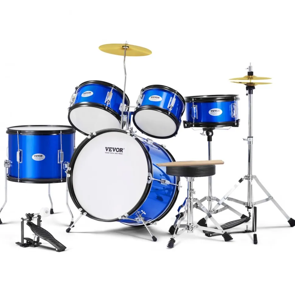 VEVOR Kids Drum Set, 5-Piece, 16 in Beginner Full Drum Set with Bass Toms Snare Floor Drum Adjustable Throne Cymbal Hi-Hat Pedal and Two Pairs of Drumsticks, Starter Drum Kit for Child Kids, Black