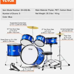 VEVOR Kids Drum Set, 5-Piece, 16 in Beginner Full Drum Set with Bass Toms Snare Floor Drum Adjustable Throne Cymbal Hi-Hat Pedal and Two Pairs of Drumsticks, Starter Drum Kit for Child Kids, Black