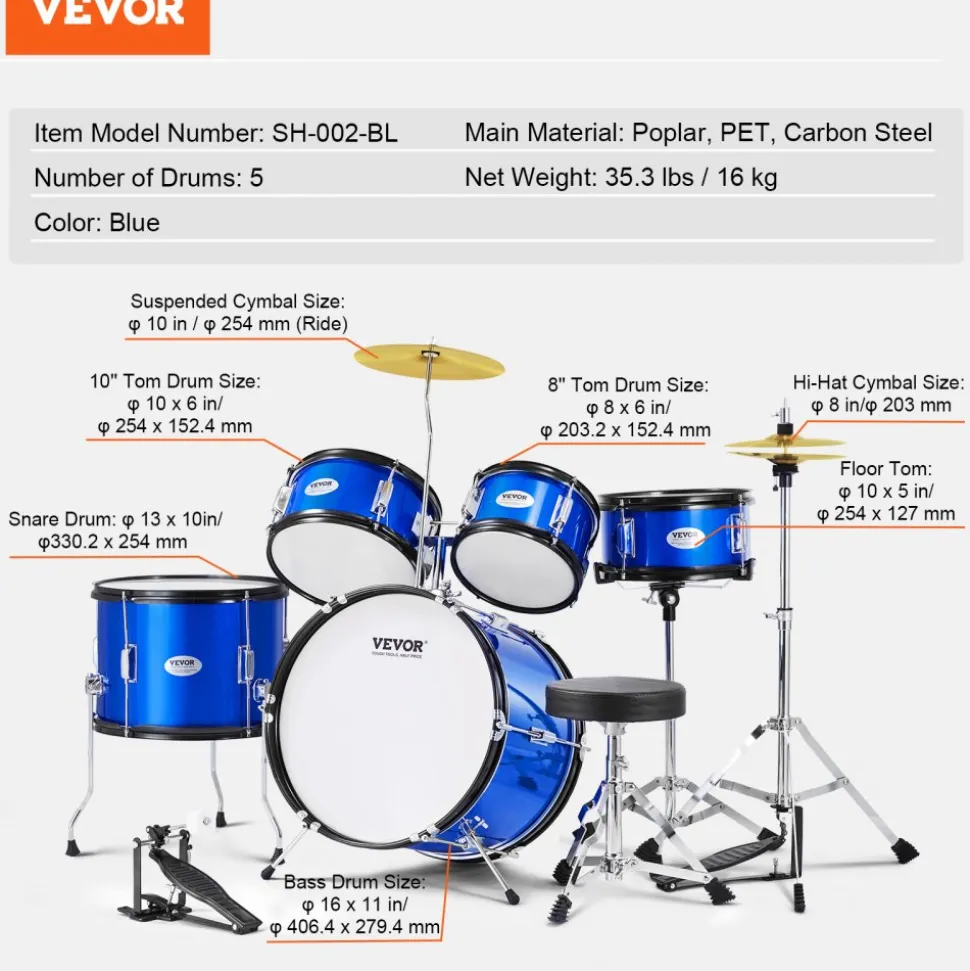 VEVOR Kids Drum Set, 5-Piece, 16 in Beginner Full Drum Set with Bass Toms Snare Floor Drum Adjustable Throne Cymbal Hi-Hat Pedal and Two Pairs of Drumsticks, Starter Drum Kit for Child Kids, Black
