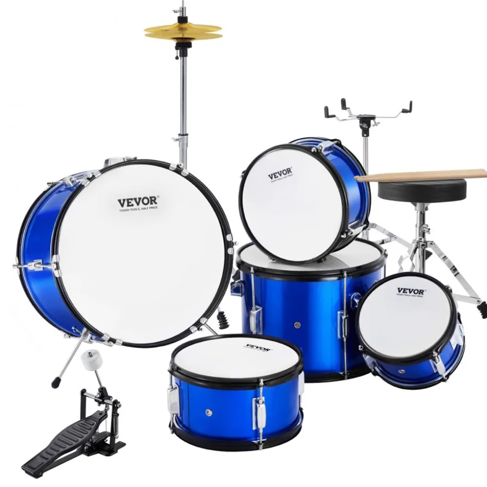 VEVOR Kids Drum Set, 5-Piece, 16 in Beginner Full Drum Set with Bass Toms Snare Floor Drum Adjustable Throne Cymbal Hi-Hat Pedal and Two Pairs of Drumsticks, Starter Drum Kit for Child Kids, Black