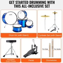 VEVOR Kids Drum Set, 5-Piece, 16 in Beginner Full Drum Set with Bass Toms Snare Floor Drum Adjustable Throne Cymbal Hi-Hat Pedal and Two Pairs of Drumsticks, Starter Drum Kit for Child Kids, Black