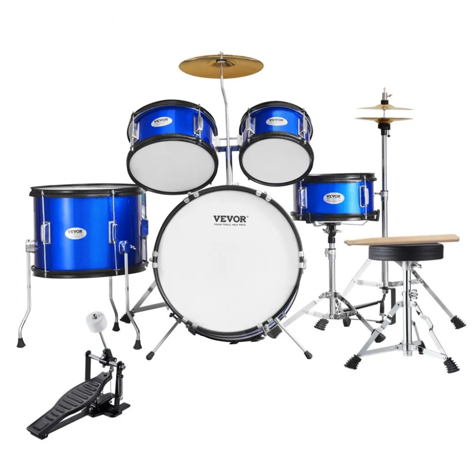 VEVOR Kids Drum Set, 5-Piece, 16 in Beginner Full Drum Set with Bass Toms Snare Floor Drum Adjustable Throne Cymbal Hi-Hat Pedal and Two Pairs of Drumsticks, Starter Drum Kit for Child Kids, Black