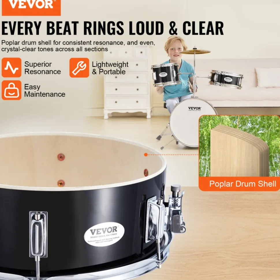 VEVOR Kids Drum Set, 3-Piece, 14 in Beginner Drum Set with Adjustable Throne Cymbal Pedal Two Pairs of Drumsticks, 8'' Tom Drum 10'' Snare Drum 14'' Bass Drum, Starter Drum Kit for Child Kids, Blue