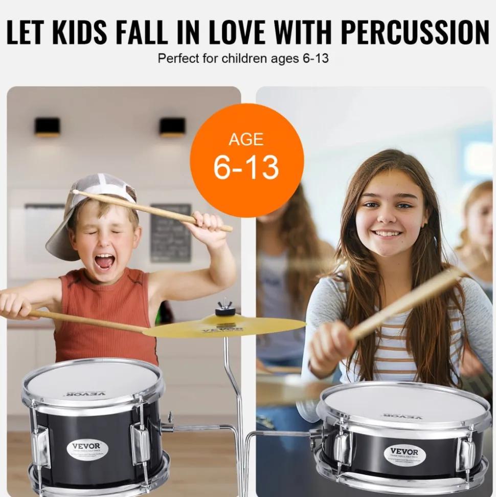 VEVOR Kids Drum Set, 3-Piece, 14 in Beginner Drum Set with Adjustable Throne Cymbal Pedal Two Pairs of Drumsticks, 8'' Tom Drum 10'' Snare Drum 14'' Bass Drum, Starter Drum Kit for Child Kids, Blue