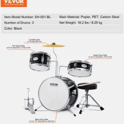 VEVOR Kids Drum Set, 3-Piece, 14 in Beginner Drum Set with Adjustable Throne Cymbal Pedal Two Pairs of Drumsticks, 8'' Tom Drum 10'' Snare Drum 14'' Bass Drum, Starter Drum Kit for Child Kids, Blue