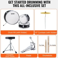VEVOR Kids Drum Set, 3-Piece, 14 in Beginner Drum Set with Adjustable Throne Cymbal Pedal Two Pairs of Drumsticks, 8'' Tom Drum 10'' Snare Drum 14'' Bass Drum, Starter Drum Kit for Child Kids, Blue