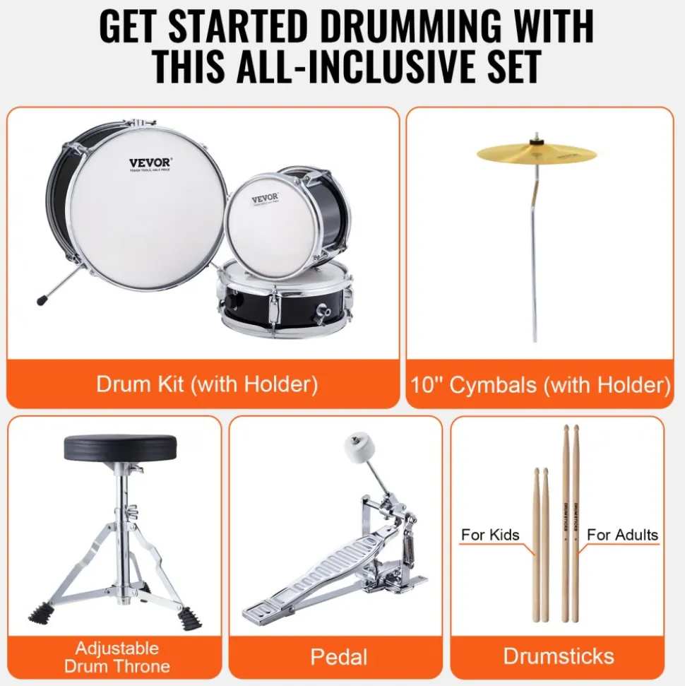 VEVOR Kids Drum Set, 3-Piece, 14 in Beginner Drum Set with Adjustable Throne Cymbal Pedal Two Pairs of Drumsticks, 8'' Tom Drum 10'' Snare Drum 14'' Bass Drum, Starter Drum Kit for Child Kids, Blue
