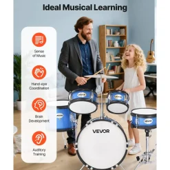 VEVOR Kids Drum Set, 5-Piece 14 in Junior Drum Sets, Beginner Drums Set with Adjustable Throne, Cymbal & Two Pairs of Drumsticks, Musical Learning Drums Instruments Kit, for Children Ages 6-13 (Blue)