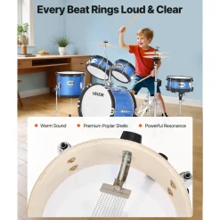 VEVOR Kids Drum Set, 5-Piece 14 in Junior Drum Sets, Beginner Drums Set with Adjustable Throne, Cymbal & Two Pairs of Drumsticks, Musical Learning Drums Instruments Kit, for Children Ages 6-13 (Blue)
