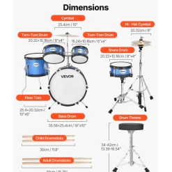 VEVOR Kids Drum Set, 5-Piece 14 in Junior Drum Sets, Beginner Drums Set with Adjustable Throne, Cymbal & Two Pairs of Drumsticks, Musical Learning Drums Instruments Kit, for Children Ages 6-13 (Blue)